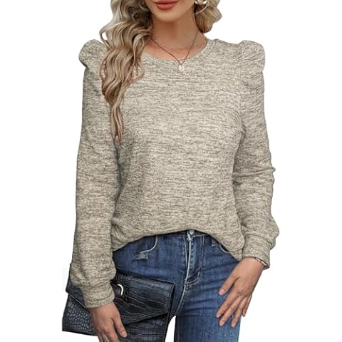 Besshopie Women's Puff Long Sleeve Shirts Casual Round Neck Knit Blouses Lightweight Fall Sweaters Tunic Tops (Khaki,M) Cover