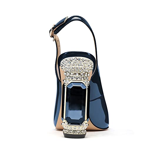 Image of JANSEVEN Women Chunky Heels Pumps Crystal Block Heels with Rhinestones Pointed Toe Sexy Gradient Patent Leather Slip on Bridal Party Wedding Dress Shoes 5-13 M US