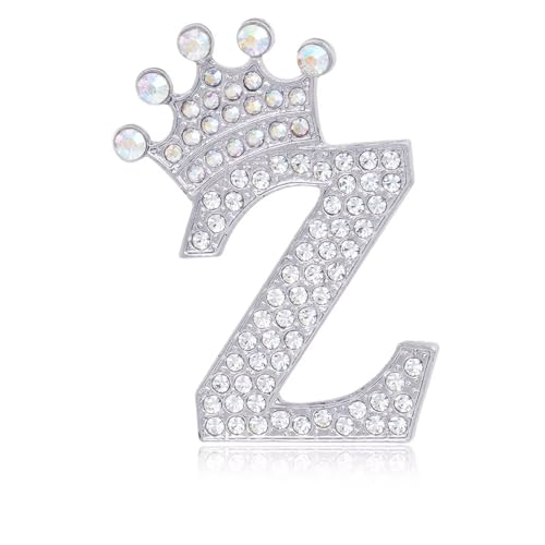 Image of Initial Letter Brooch Pins with Crown for Women Girls Men Boys Personalized Name Brooches Crafts Colorful Rhinestone Brooch Pins Silver A-Z