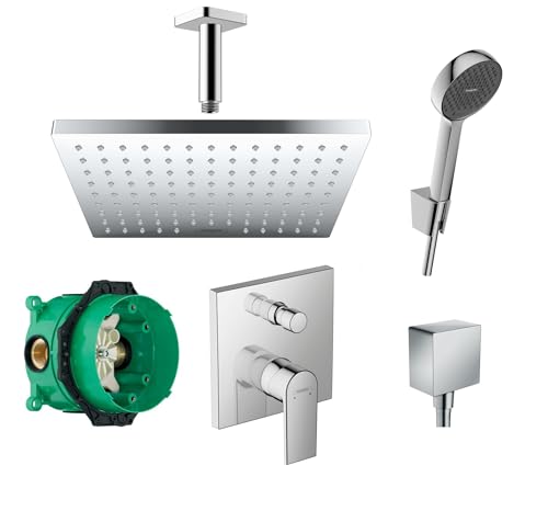 Hansgrohe Duschsystem mit Unterputz Duscharmatur von Hansgrohe Regendusche mit Armatur, Duschkopf eckig, Deckenarm Dusch-SET HGK02 poliert