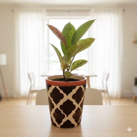 Botanique Plants Rubber Variegated in 5 Inch Black Moroccan Designer Balti Shaped Ceramic Pot