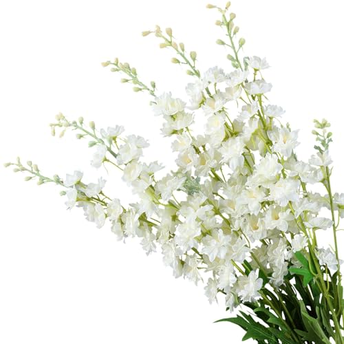 5pcs White Delphinium Artificial Flowers, 33" Silk Larkspur Faux Flower with Long Stem Fake Bouquet for Tall Floor Vase Kitchen Home Indoor Hyacinth Floral Plant Centerpiece Decor