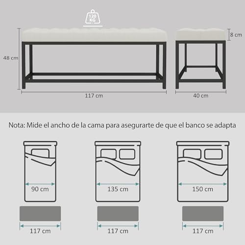 HOMCOM Banco Pie de Cama, Tapizado en Terciopelo, Banqueta para Dormitorio, Diseño Capitoné, Base de Metal, Banco para Dormitorio, Entrada, Salón, Recibidor, Crema - imagen 3
