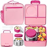 Fimibuke Kids Bento Lunch Box with Food Jar, Leakproof Toddler Bento Box with 8.5OZ Insulated Food Jar, Lunch Bag & Utensils BPA Free Dishwasher Safe 3 or 4 Compartment Container for School Girls Boys