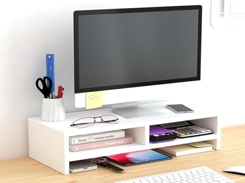 Image of VBM Monitor Riser Stand Bamboo Computer Laptop, Printer, PC with Storage Slot Adjustable Desktop Stand For Home , Office (Monitor Stand (white) 3 Box Simple)