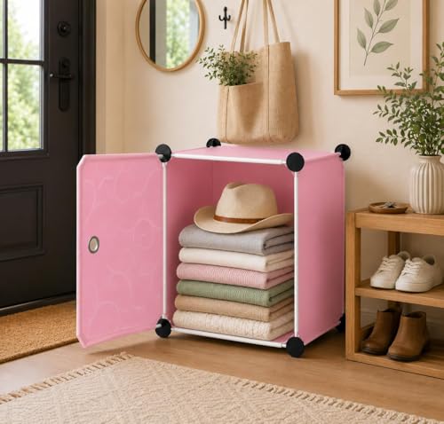 Image of Sunderlook Plastic Wardrobe for Kids Clothes - Non Slip and Anti Skid Multipurpose Kids Wardrobe, Foldable Wardrobes for Cloth, Collapsible Wardrobe for Bedroom (Pink-C3, 12 Door)
