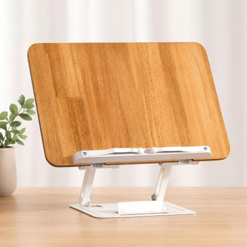 Image of VOLO Book Stand Holder - Portable Adjustable & Foldable Book Holder for Desk, Cookbook, Recipe Book, Textbook & Music Reading Stand (Wooden)
