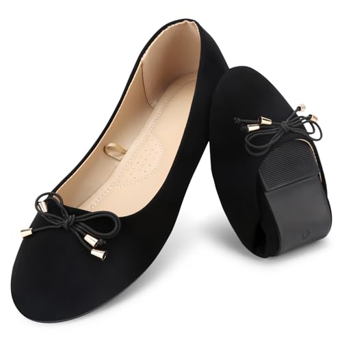 QIMAOO Women's Ballet Flats Pumps Foldable Ladies Flats with Bows Ballerina Shoes for Women Dolly Shoes - 4.5UK(Black)