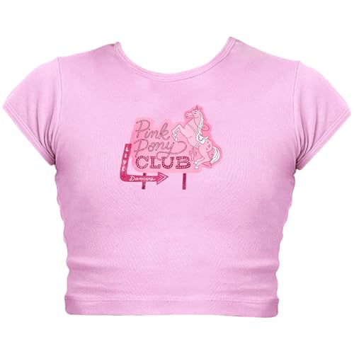 Pink Pony Club Sign Baby Tee | Cute Pop Girly Concert Festival | Premium Women's Cap Sleeve Baby Rib Crop Top Shirt for Girls (US, Alpha, Medium, Regular, Regular, Pink)