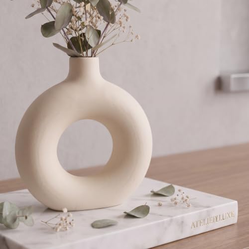 Image of Modern White Ceramic Donut Vase Decorative Flower Vase for Home Decor 5 inch