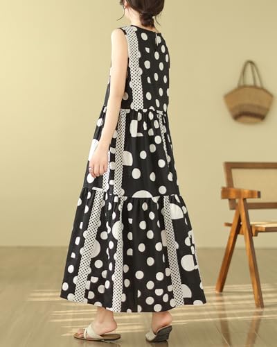 Image of ellazhu Women's Sleeveless Maxi Length Boho Casual Polka Dot Print Dress GA2730 A