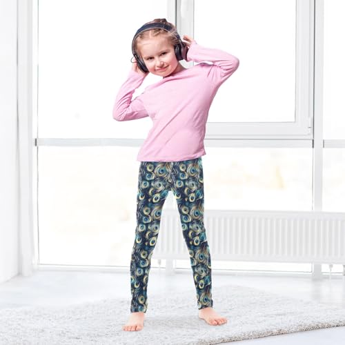 Blue Peacock Feathers Pattern Girls Leggings Kids Yoga Pants Athletic Tights Pants 4-10 Years4