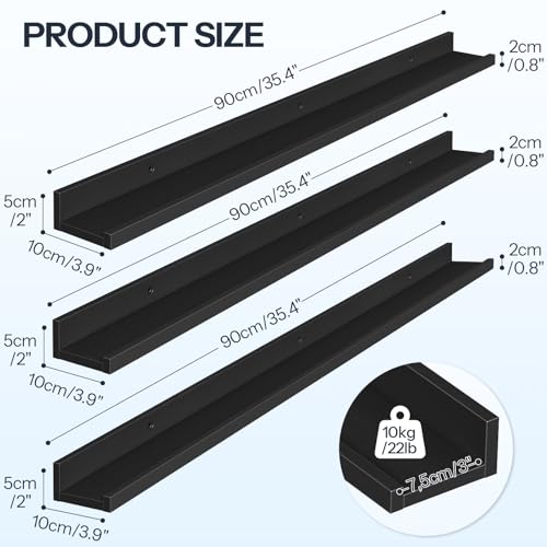 Image of HOOBRO Floating Shelves, Wall Shelf Set of 3, 35.4 Inches Hanging Shelf with Raised Edge and Invisible Brackets, for Bathroom, Bedroom, Kitchen, Office, Living Room Decor, Black BK90BJ01
