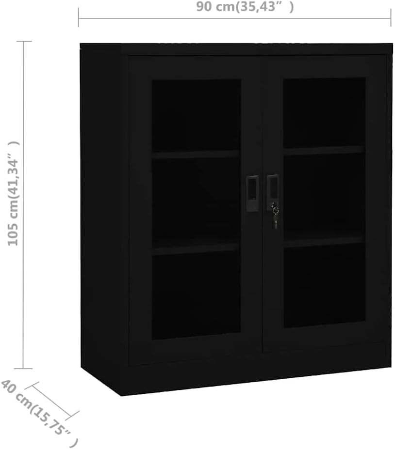 Office Cabinet Black Steel Medium Height-Adjustable Shelves with 2 Adjustable Steel Shelves and Tempered Glass Doors