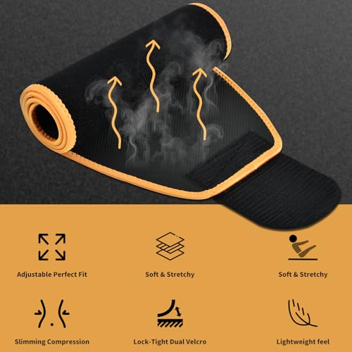 kissleaf Sweat Waist Trainer for Women Men, Comfortable Waist Cincher Sweat Belt to Boost Sweating Stomach Wrap Supportive - L Black Orange