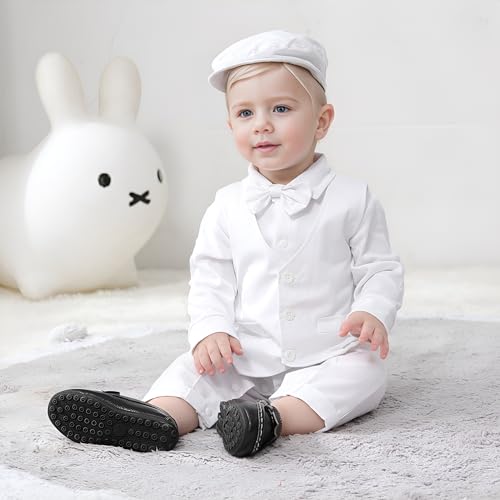 WESIDOM Baby Boy Suit Outfits Set 3pcs,Infant Tuxedo Long Sleeve Gentleman Wedding Jumpsuit & Vest Coat & Beret Hat2