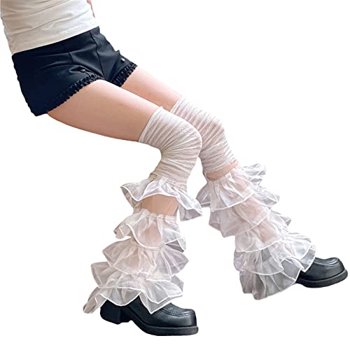 Image of Women Leg Warmers Ruffled Lace Patchwork Long Thigh High Socks Boot Cuffs Cover for Streetwear