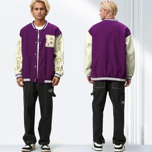 Image of Mens Varsity Jacket Baseball Bomber Jacket Vintage Unisex Streetwear Coats with Patchwork Hipster Utility Tops