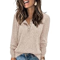 TrendiMax Damen Langarmshirt Herbst Leichte Strickpullover Rundhals-Knöpfe Henley Shirt Elegant Sweatshirt Langarm Tops (S, Aprikose)