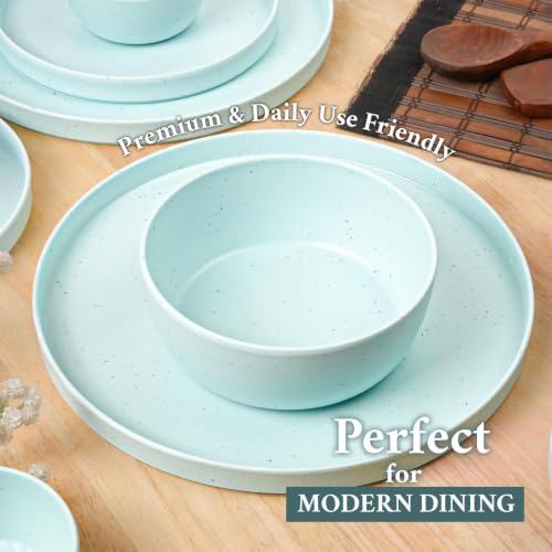 Image of MARKET 99 Heavy-Duty Round Minto Blue Sparkle Dinner Set | 20-Piece Matte Melamine Dinnerware Collection Includes 6 Full Plates, 6 Side Plates, 6 Bowls, & 2 Serving Bowls for Dining Table