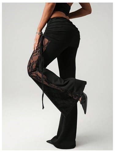Verdusa Women's Lace Ruched Fold Over Leggings Flare Pants Rave Club Low Rise Long Trousers3