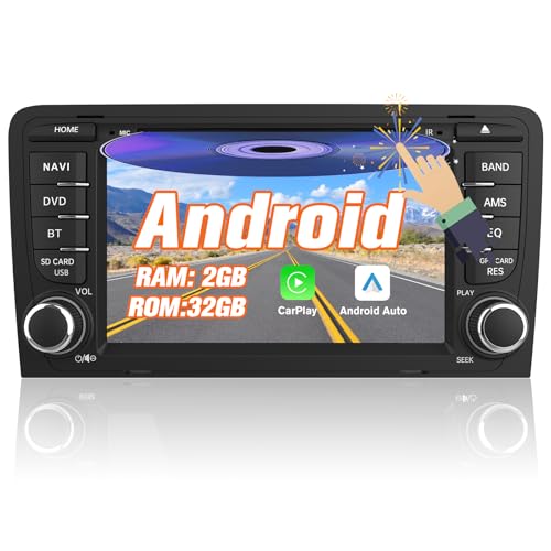 AWESAFE Android [2GB+32GB] Radio Coche 2 DIN con Pantalla Táctil 7 Pulgadas para Audi A3/S3/RS3, Autoradio Admite Bluetooth/GPS/FM/CD DVD/USB/SD/WiFi/CarPlay, Apoya Mandos de Volante y Aparcamiento