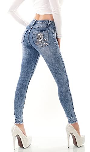 Zeralda Fashion Damen High Waist Jeans Hose Push Up Röhrenjeans Totenkopf Skull Pailletten Strass Skinny Fit (S/36) Cover