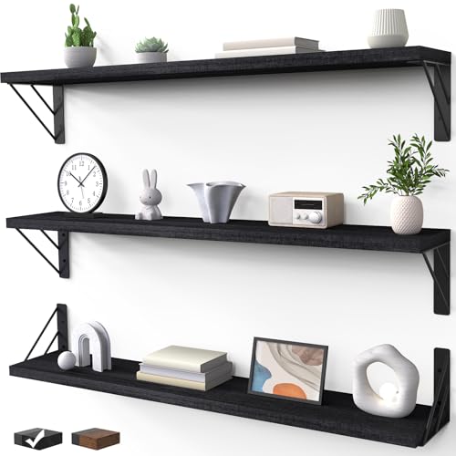 Image of BAYKA Wall Mounted Floating Shelves, Wood Floating Wall Shelf for Books & Decor, Small Space-Saving Display & Organizer(Black,36in,Set of 3)