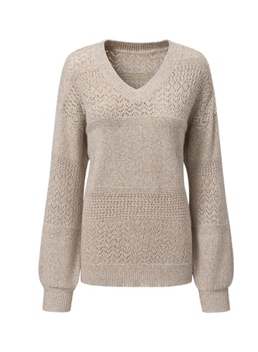 Image of SHEWIN Women's Sweaters Casual Long Sleeve V Neck Crewneck Lightweight Crochet Pullover Sweater Tops