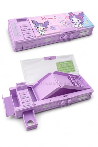 Image of Purple Multifunction Pencil Box for Girls with 2-Digit Password Lock, Built-in Sharpener & Calendar, Dual Sided Magnetic Geometry Compass Box with Pop-up Buttons, School Gift