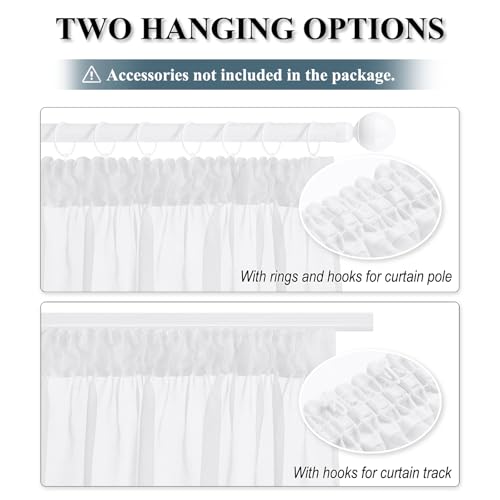 PONY DANCE Vorhang Weiß Transparent Kurze Gardinen mit Kräuselband 2er Set H 160 x B 140 cm Wohnzimmer Vorhänge mit Kräuselband Weiss Gardine Leinenoptik Transparent