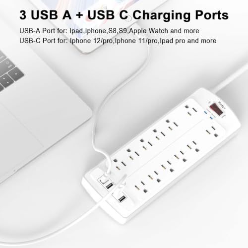 Image of 6 Feet Extension Cord Power Strip, Yintar Surge Protector with 12 AC Outlets and 4 USB Ports, 2700 Joules, ETL Listed, White