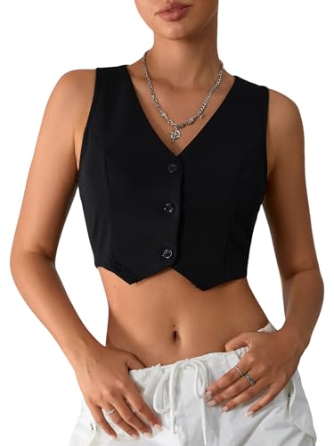 Milumia Women's Button Up Suit Vest Shirt Waistcoat Sleeveless Cropped Blazer Vest Tops