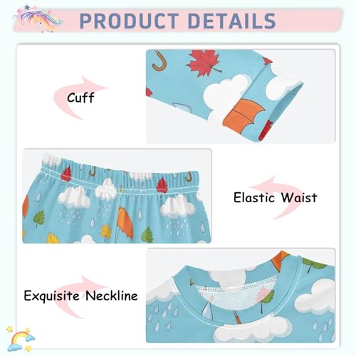 Pajama Sets Long Sleeve Autumn Leaves Umbrellas Clouds Rain Soft Comfy Sleepwear 2 Piece PJS 3-8T4