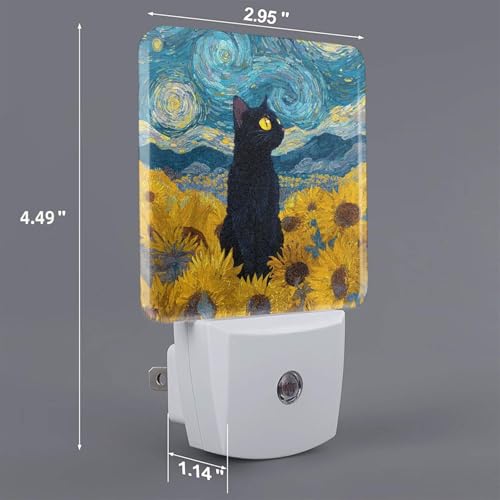 Image of Black Cat Night Light Set of 2, Retro Sunflowers Auto Sensor LED Dusk-to-Dawn Nightlights, Plug-in Sensor Lamp for Bedroom Bathroom Kitchen Hallway Stairs Decorative