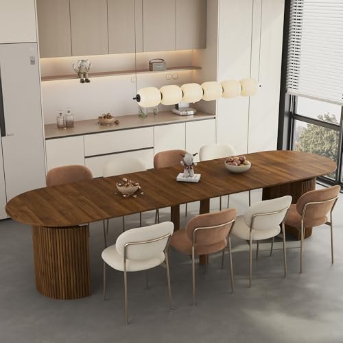 Image of 44 in-132 in Extendable Round Dining Table for 4-12, Long Large Expandable Kitchen Table with Fluted Base, Space Saving Modern Farmhouse Oval Dinner Tables for Dining Room, Kitchen, Living Room, Brown