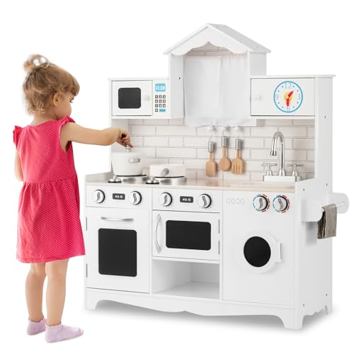 HOMASIS Cucina in Legno per Bambini con Rubinetto, Lavello e Forno - Giocattolo educativo per 3+ anni, Bianco