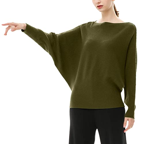 Image of Blostirno Women's Boat Neck Batwing Sleeves Dolman Ribbed Knitted Sweaters Pullovers Tops