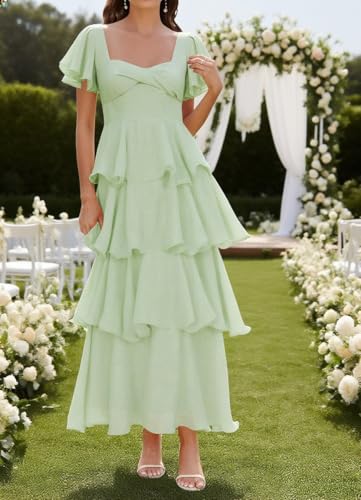 YOFF Short Sleeves Bridesmaid Dress Chiffon Midi Cocktail Wedding Guest Dresses Sweetheart Maxi Formal Prom Dress YO2814