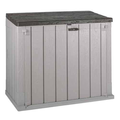 TOOMAX Stora Way 842L outdoor storage box, warm grey and brown, 129,5x74,5x111h cm, durable plastic garden shed with double doors, latch closure and padlock hole, bin storage ideal for outdoor use