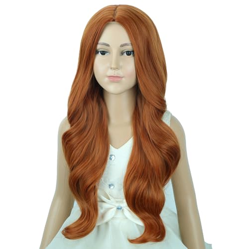 Image of Child Ginger Wig Girls Long Dark Orange Wavy Curly Wig Long Middle Part Wigs for Kids Heat Resistant Synthetic Wigs with Cap