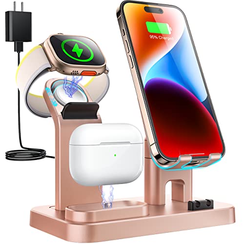 ZIYEVR 4 in 1 Charging Station for Multiple Devices Apple, 20W Self-Adjustable Charger for Apple Watch 8 SE 7 6 5 4 3 2 1, AirPods Pro 2/Pro/3/2/1, iPhone/USB-C Device Charger Stand Dock-Rose Gold