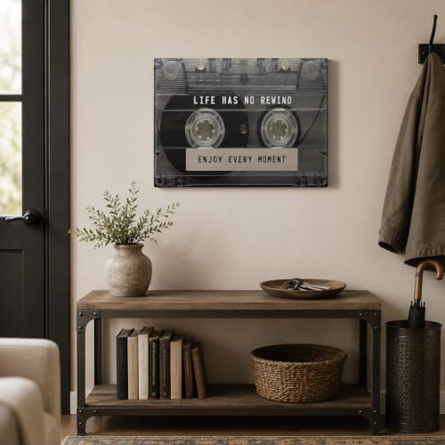 Retro Cassette Tape Canvas Wall Art, Life Has No Rewind Enjoy Every Moment Motivational Wall Decor, Vintage 80s 90s Music Framed Artwork for Living Room Bedroom Home Decoration 12x16 Inch - 2