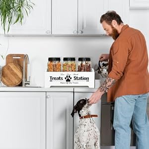 Dog Treat Container Dog Food Container for Dog Food Storage, Farmhouse Cat Food Container Pet Food Storage Organizer, Wood Dog Treat Holder with 3 Plastic Cat Dog Treat Jars, White Cat Treat Container Dog Treat Container Dog Food Container for Dog Food Storage, Farmhouse Cat Food Container Pet Food Storage Organizer, Wood Dog Treat Holder with 3 Plastic Cat Dog Treat Jars, White Cat Treat Container