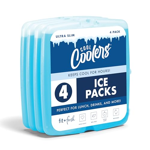 Cool Coolers By Fit & Fresh 4 Pack Slim Ice Packs, Quick Freeze Space Saving Reusable Ice Packs for...