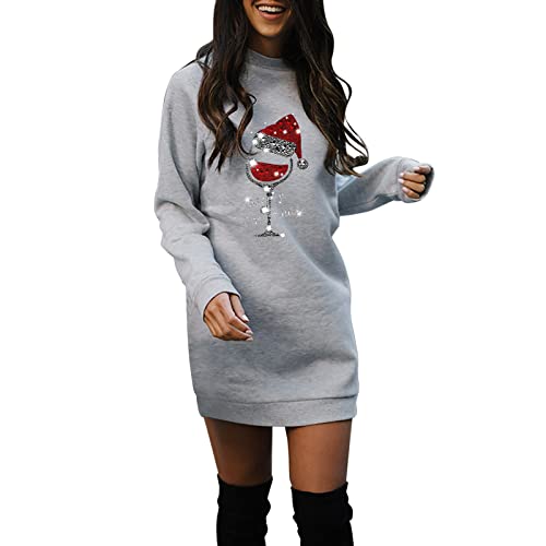 Weihnachtskleider für Damen, Übergröße, langärmelig, bedruckt, lässig, Maxikleid, Vintage, Rundhalsausschnitt, bedruckt, Swing, A-Linie, Party,...