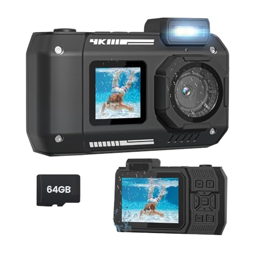 Akfldms Cámara Impermeable 4K 65MP Cámara Submarina con Tarjeta de 64G, para Snorkeling Enfoque Automático Selfie Pantalla Dual Negra