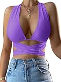 Kaximil Women's Sexy Sleeveless Halter Criss Cross Cami Lace Up Self Tie Tank Crop Tops, S-M, Purple