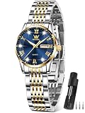 OLEVS Women's Watch Two-Tone Stainless Steel for Daily Work Waterproof Watches for Women Dress Analog Quartz Blue Dial with Roman Numerals for Small Wrists Elegant Gift for Her