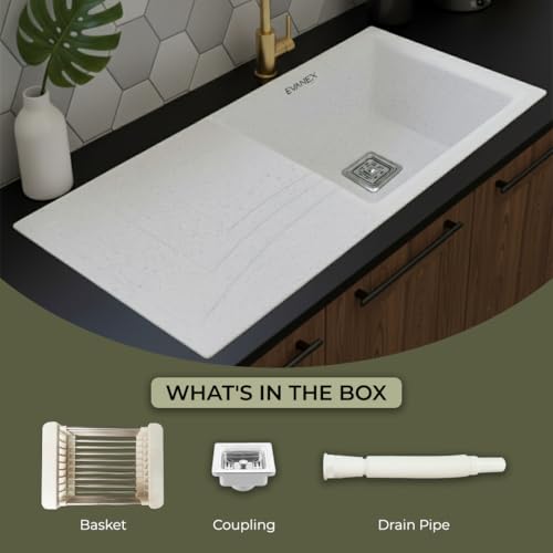 Image of EVANEX Quartz Sink for Kitchen|36x18x9 inch Kitchen Sink with Drain Board|Granite Sink for Kitchen Basin|Sand Pluto Quartz Kitchen Sink with Connector, Waste Pipe, Coupling and Drain Basket